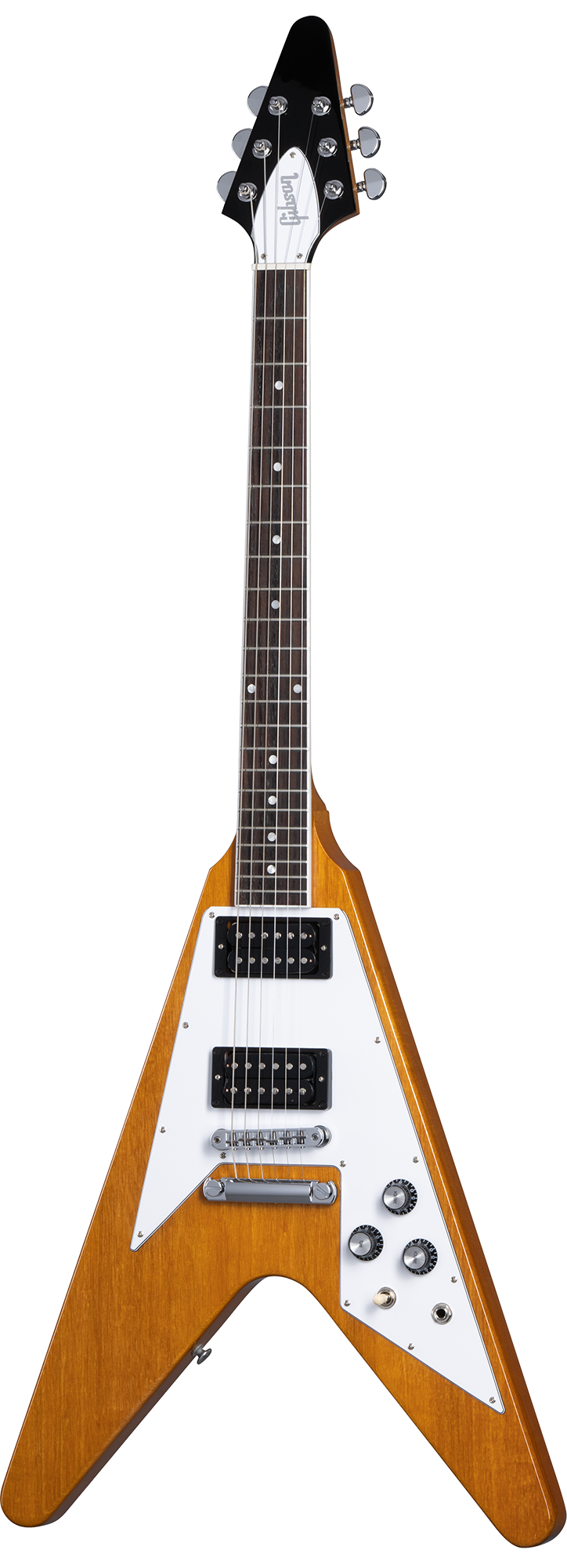 Full frontal of Gibson 70s Flying V Antique Natural.