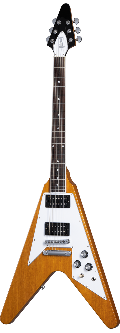 Full frontal of Gibson 70s Flying V Antique Natural.