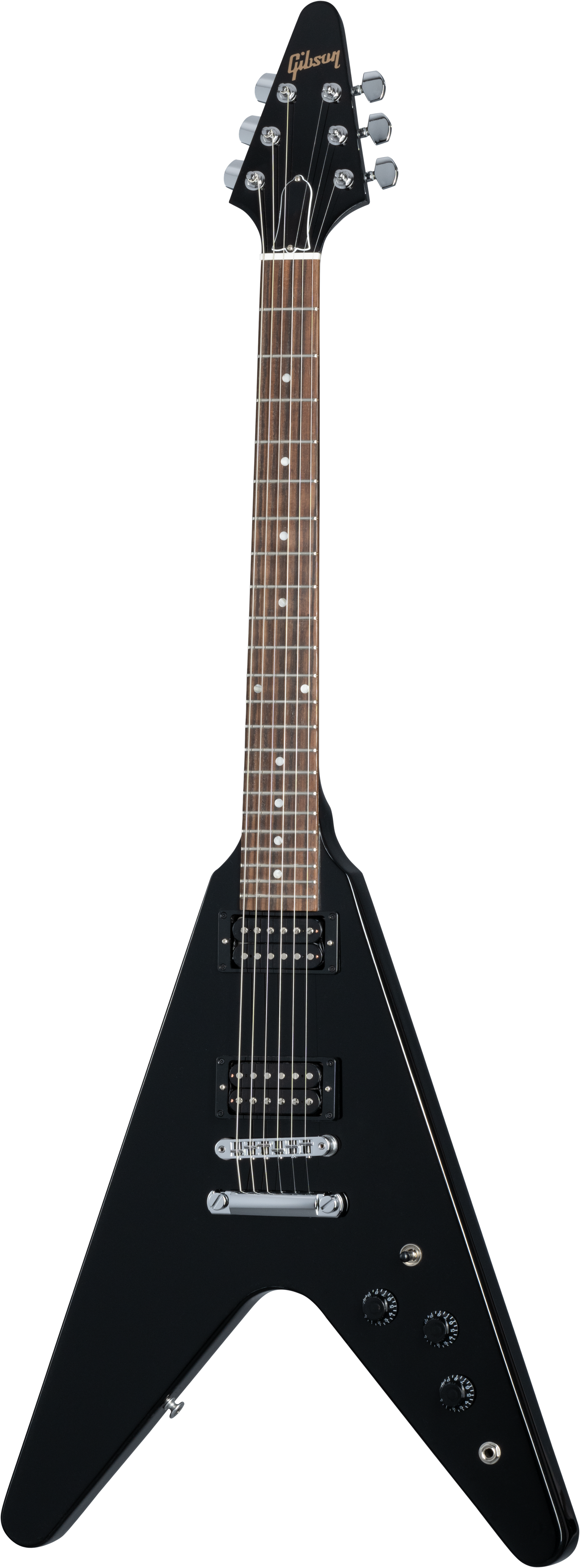 Full frontal of Gibson 80s Flying V Ebony.