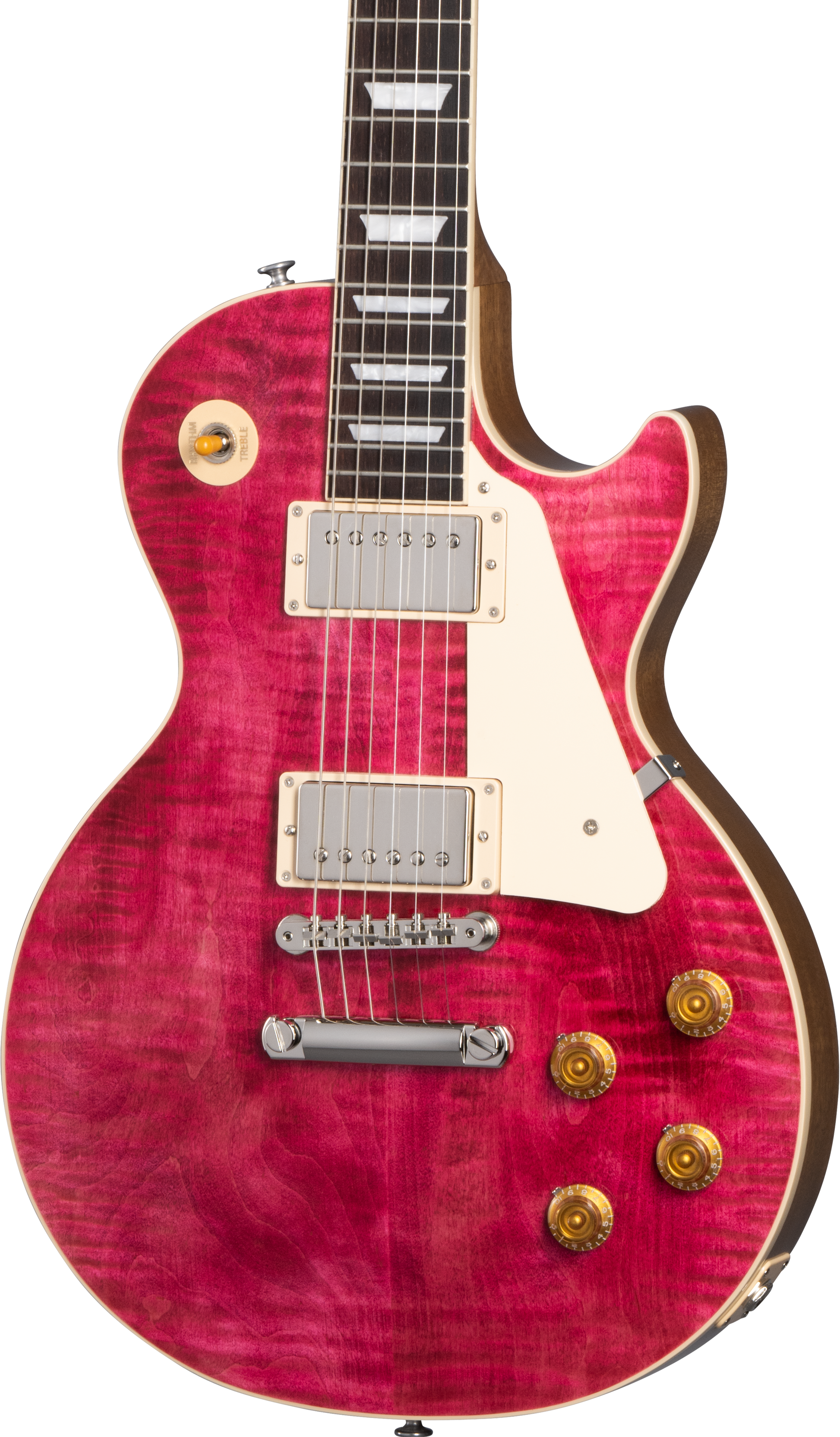 Front of Gibson Les Paul Standard 50s Figured Top Translucent Fuchsia.