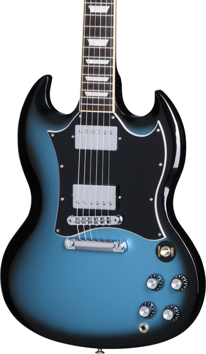 Front of Gibson SG Standard Pelham Blue Burst.