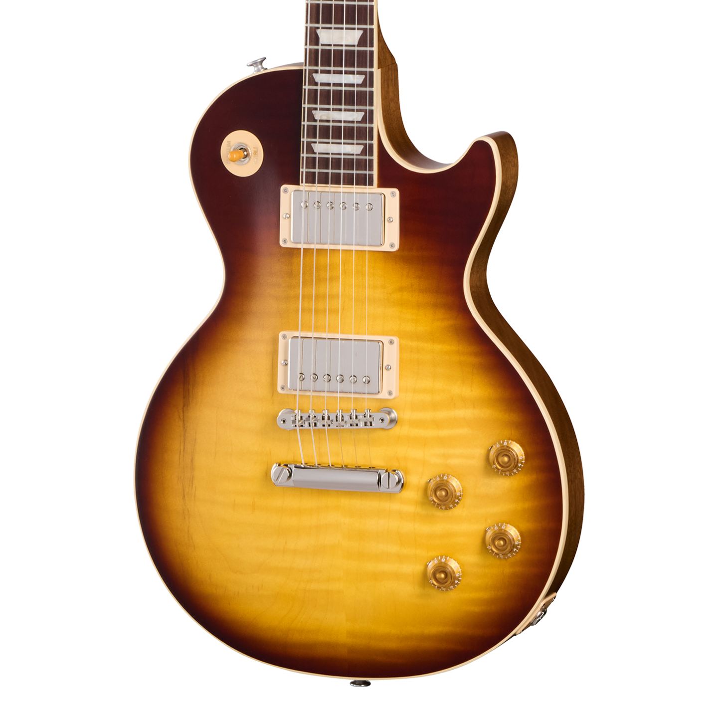 Front of Gibson USA Les Paul Standard 50s Faded Vintage Tobacco Burst.