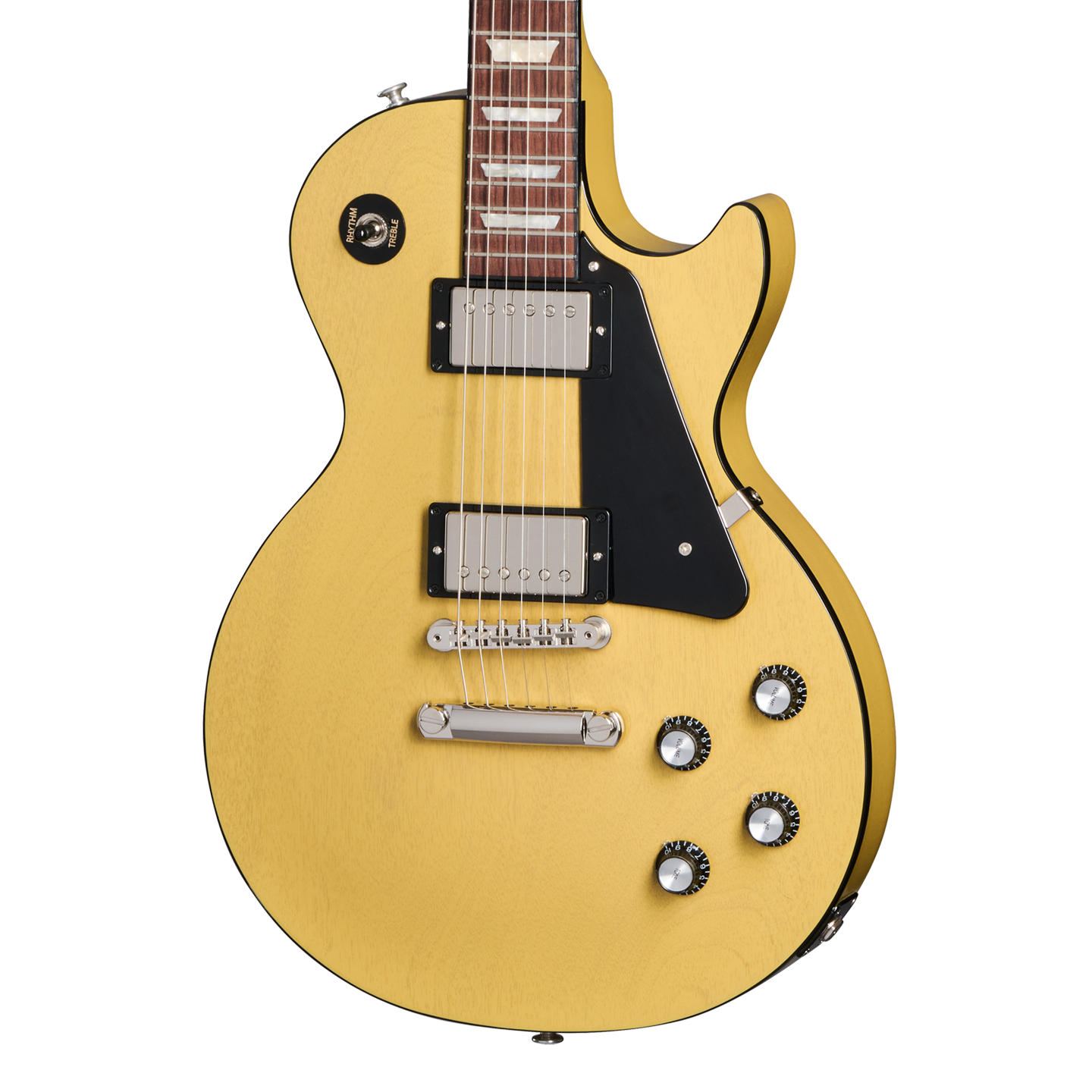 Front of Gibson USA Les Paul Standard 60s Mahogany Top TV Yellow.