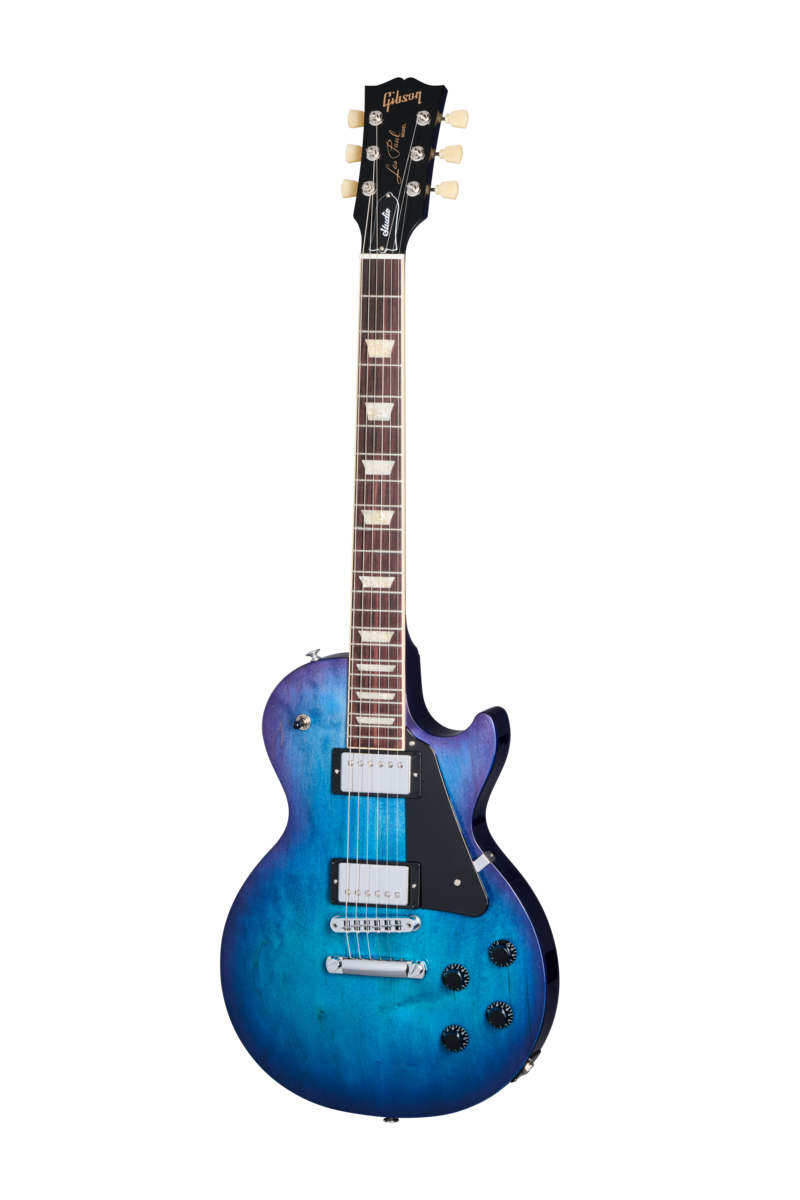 Full frontal of Gibson USA Les Paul Studio Blueberry Burst.