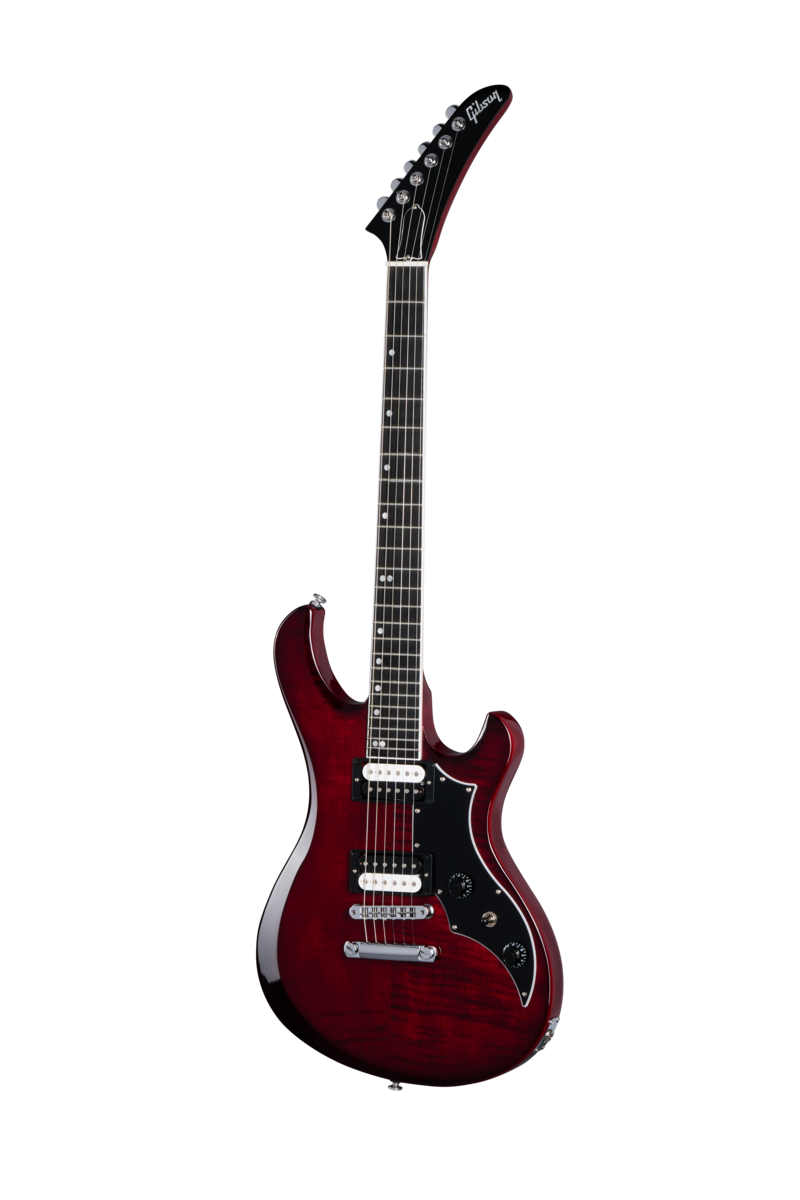 Full frontal of Gibson USA Victory Figured Top Wine Red Burst.
