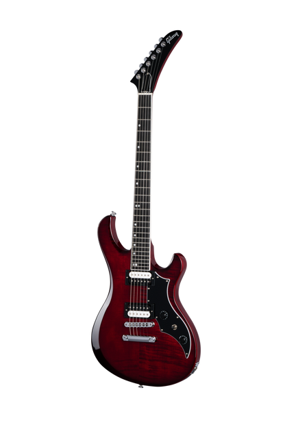 Full frontal of Gibson USA Victory Figured Top Wine Red Burst.
