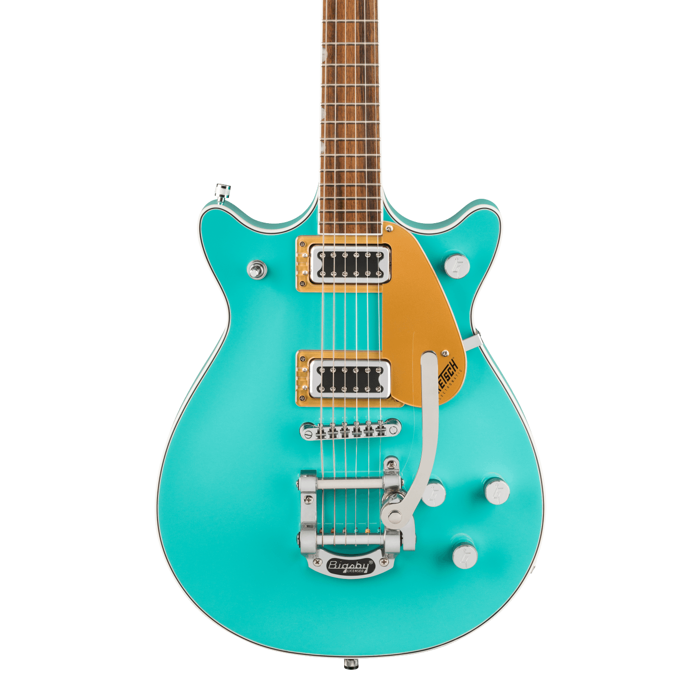 Front of Gretsch Electromatic Double Jet FT Caicos Green.