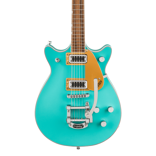 Front of Gretsch Electromatic Double Jet FT Caicos Green.