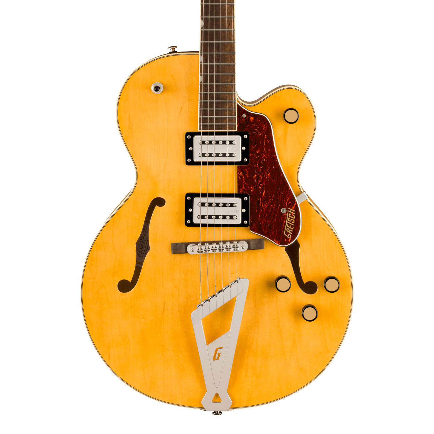 Front of Gretsch G2420 Streamliner Hollow Body with Chromatic II Laurel Fingerboard Broad'Tron BT-3S Pickups Village Amber.
