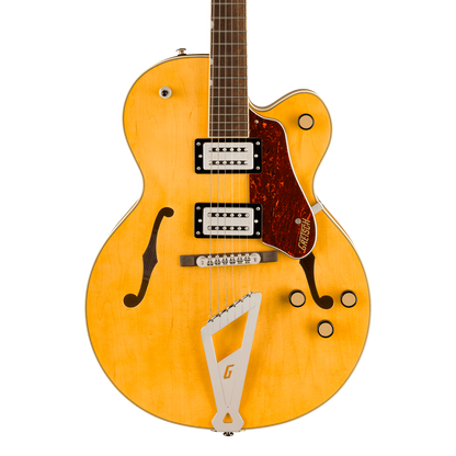 Front of Gretsch G2420 Streamliner Hollow Body with Chromatic II Laurel Fingerboard Broad'Tron BT-3S Pickups Village Amber.
