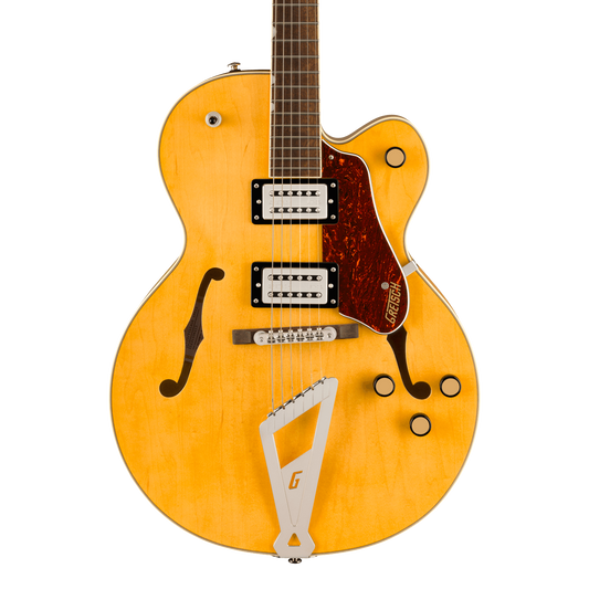 Front of Gretsch G2420 Streamliner Hollow Body with Chromatic II Laurel Fingerboard Broad'Tron BT-3S Pickups Village Amber.
