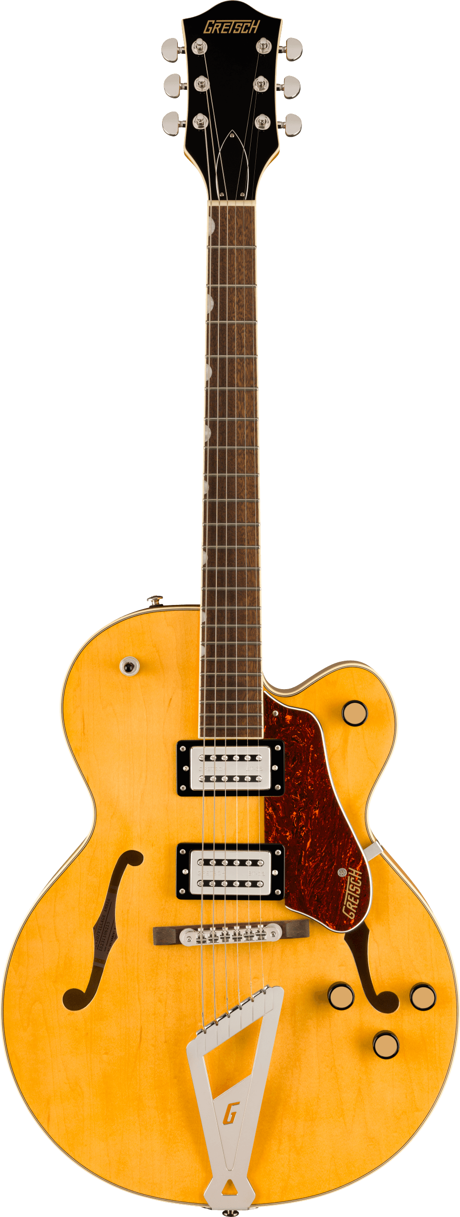 Full frontal of Gretsch G2420 Streamliner Hollow Body with Chromatic II Laurel Fingerboard Broad'Tron BT-3S Pickups Village Amber.
