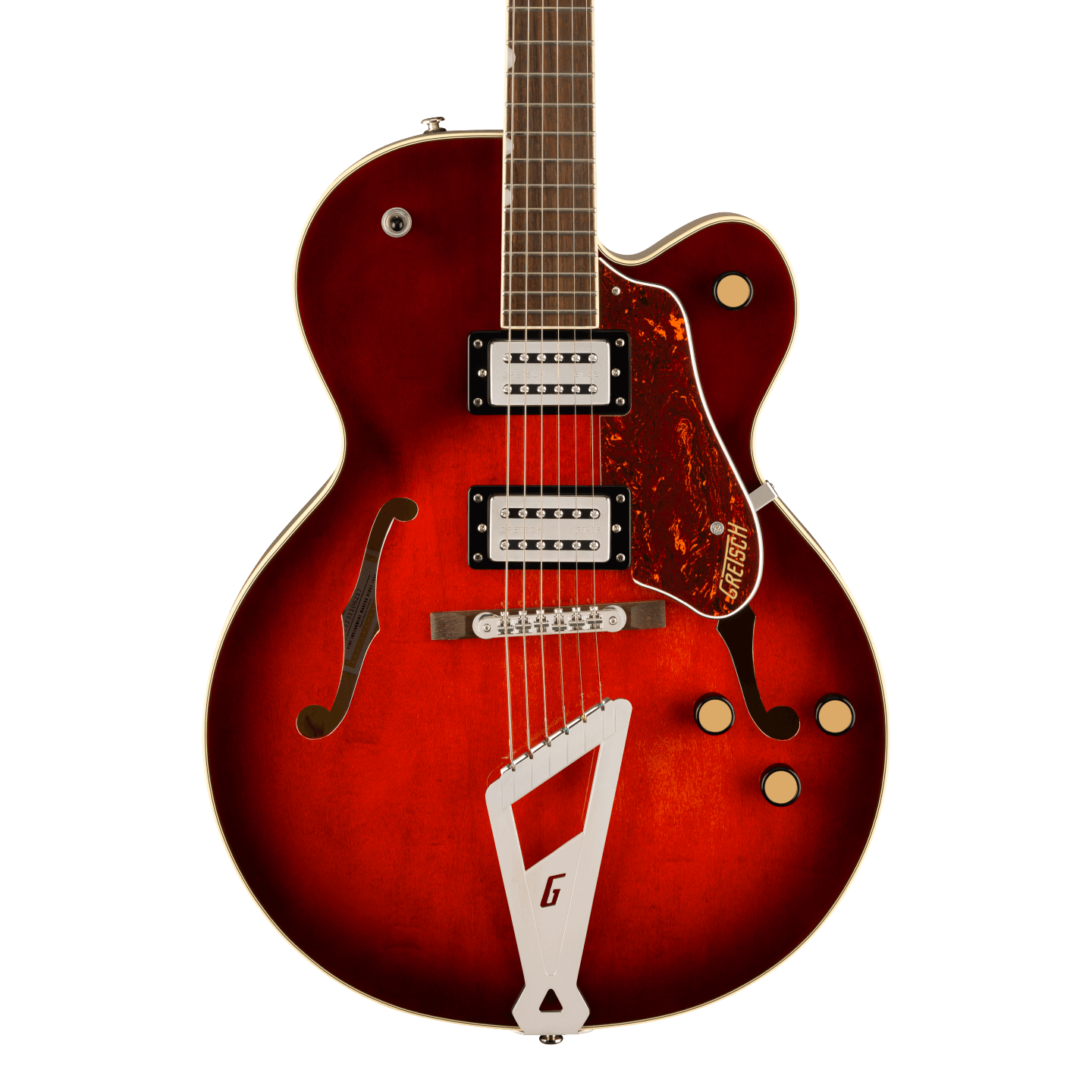 Front of Gretsch G2420 Streamliner Hollowbody Claret Burst.