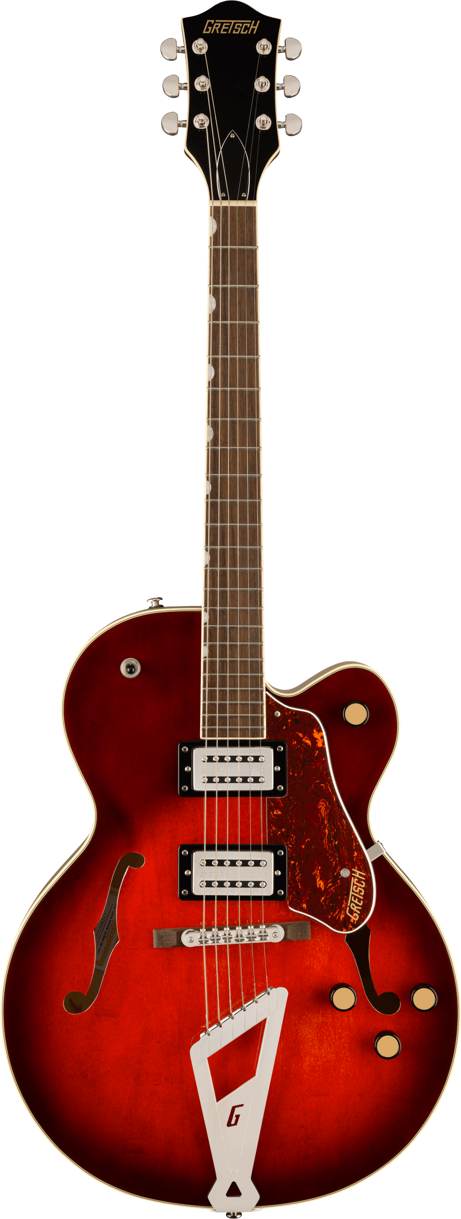 Full frontal of Gretsch G2420 Streamliner Hollowbody Claret Burst.