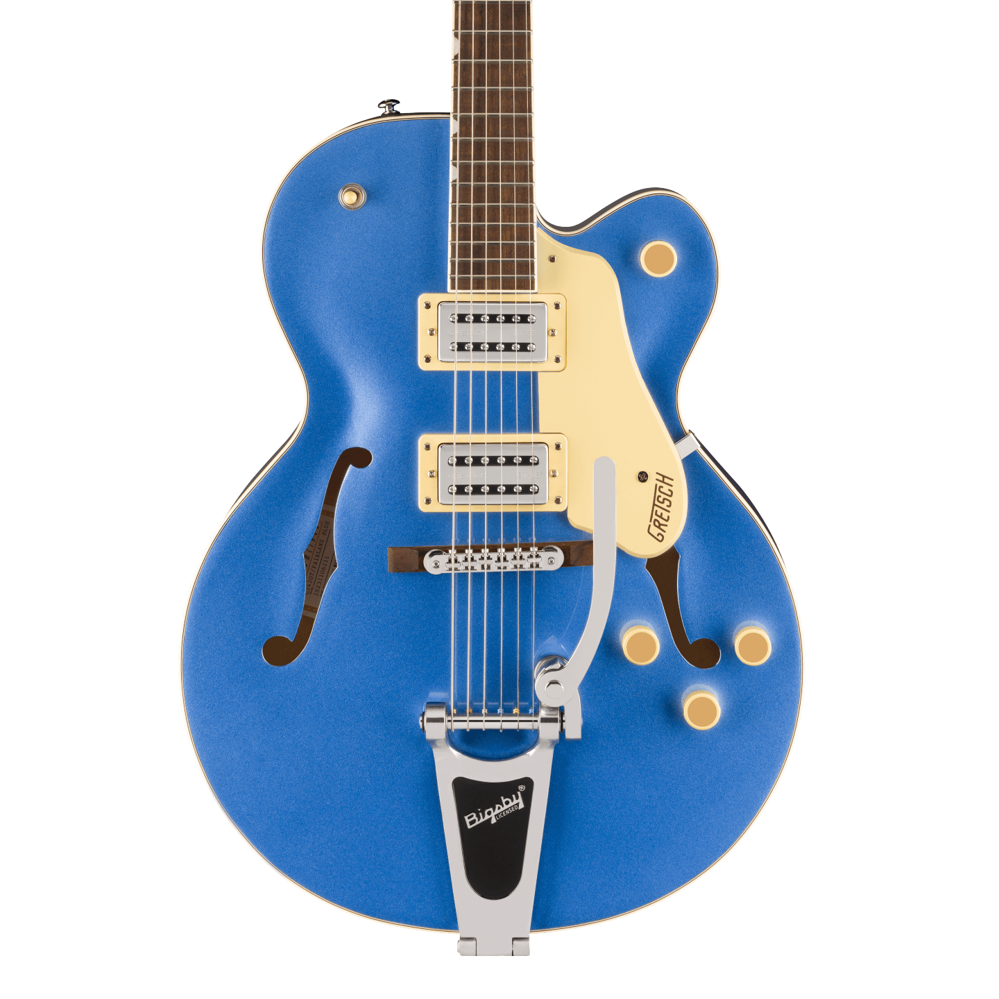 Front of Gretsch G2420T Streamliner Hollowbody w/bigsby Fiarlane Blue.