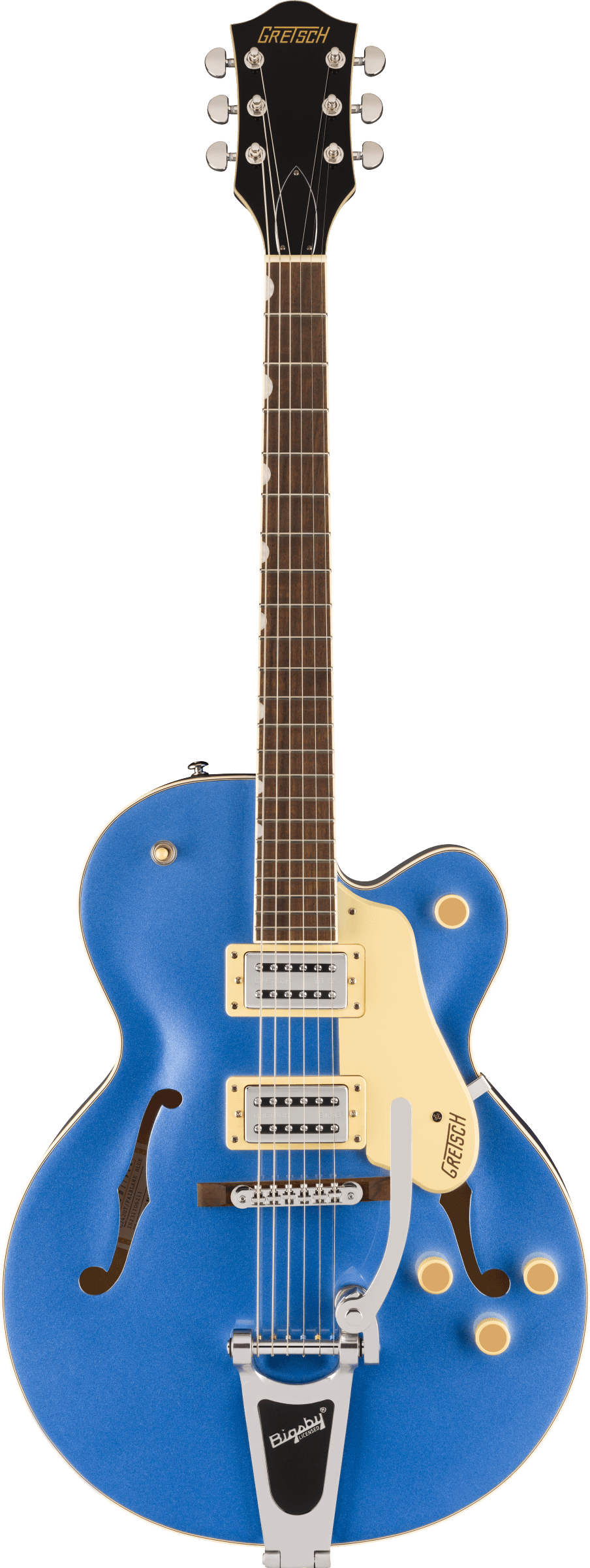 Full frontal of Gretsch G2420T Streamliner Hollowbody w/bigsby Fiarlane Blue.