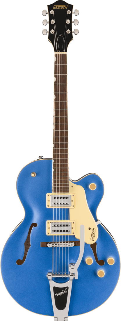 Full frontal of Gretsch G2420T Streamliner Hollowbody w/bigsby Fiarlane Blue.