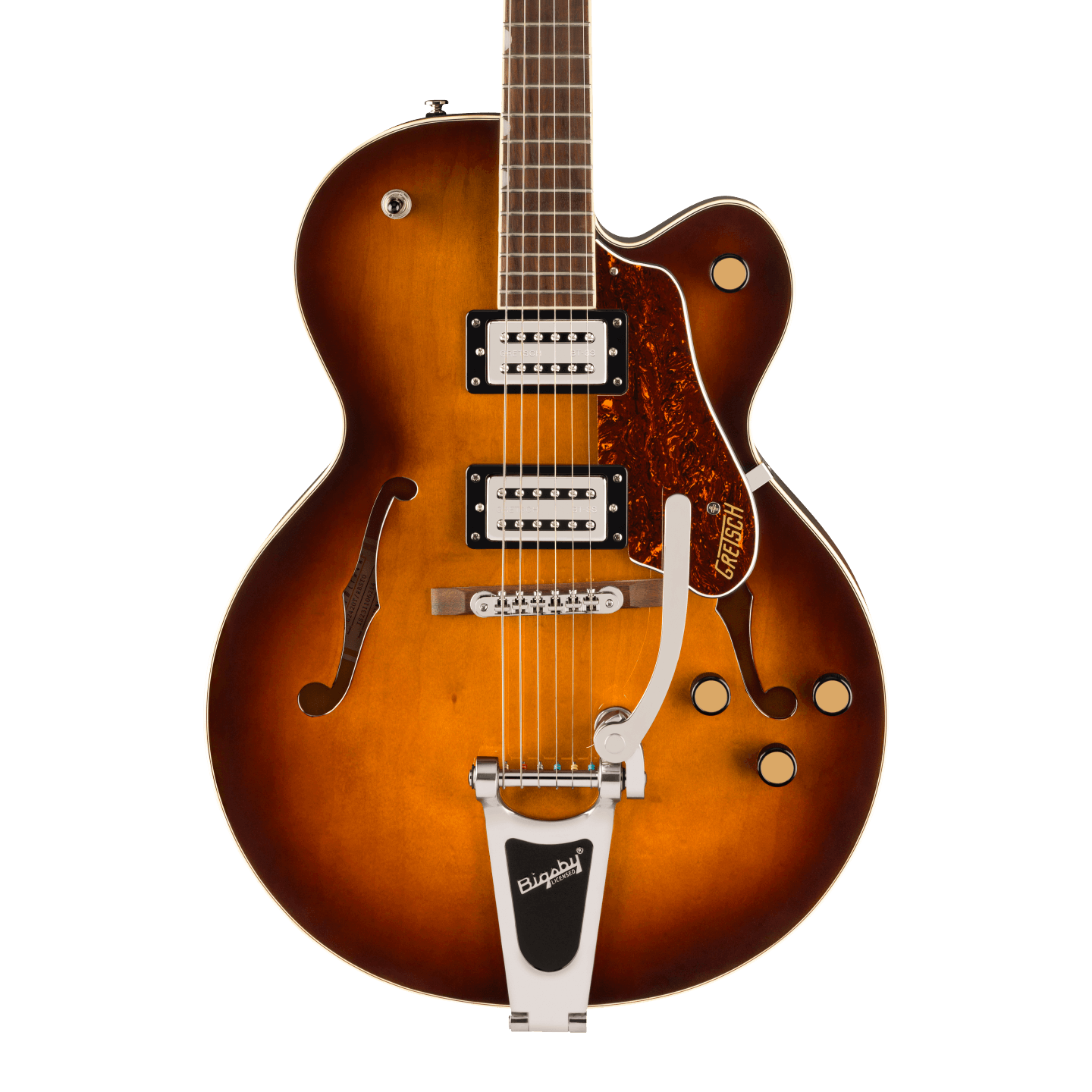 Front of Gretsch G2420T Streamliner Hollowbody wbigsby Robusto Burst.