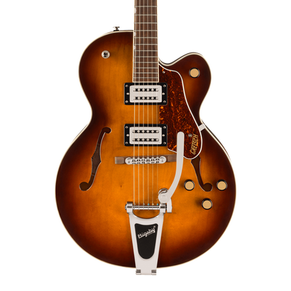 Front of Gretsch G2420T Streamliner Hollowbody wbigsby Robusto Burst.