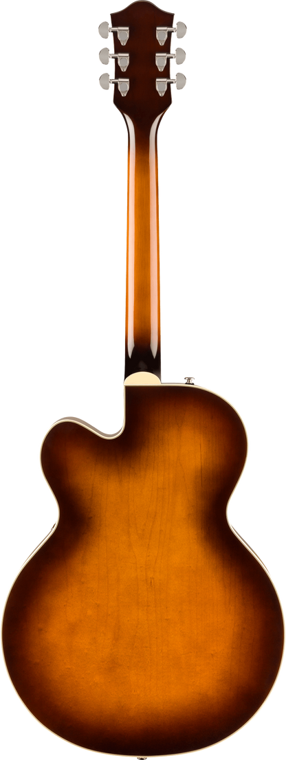 Back of Gretsch G2420T Streamliner Hollowbody wbigsby Robusto Burst.
