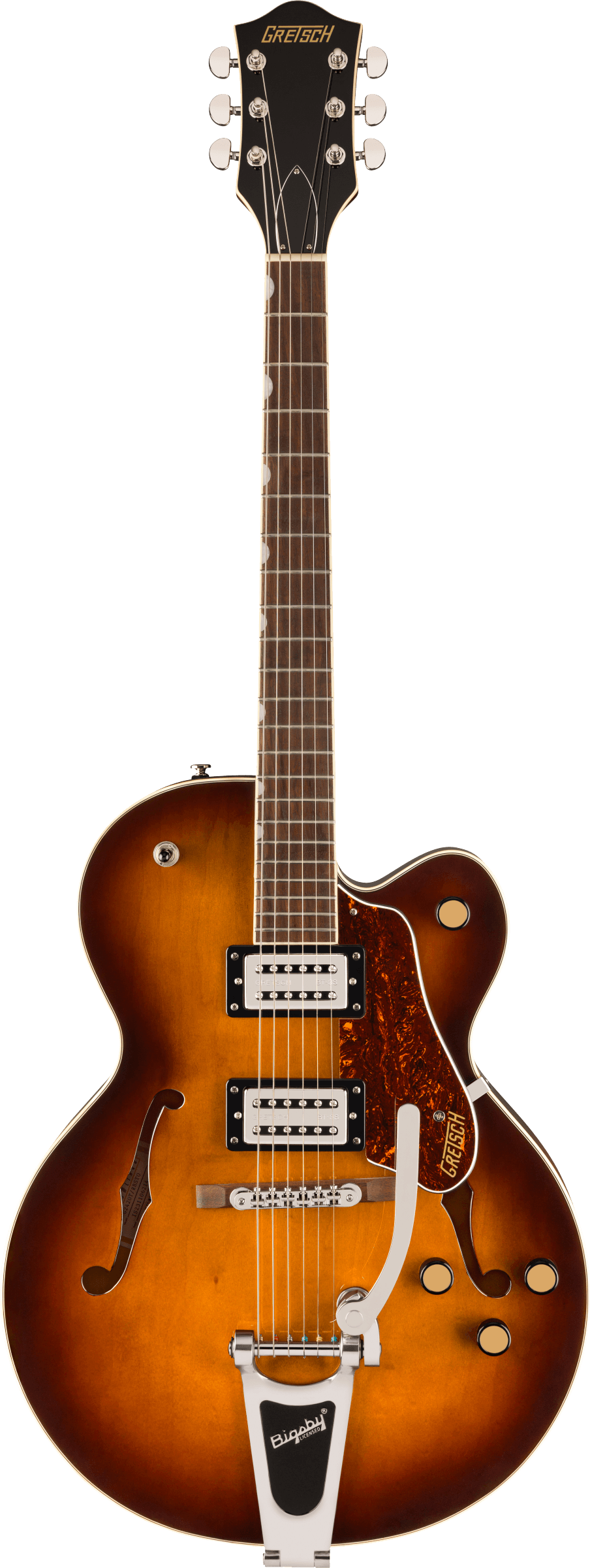 Full frontal of Gretsch G2420T Streamliner Hollowbody wbigsby Robusto Burst.
