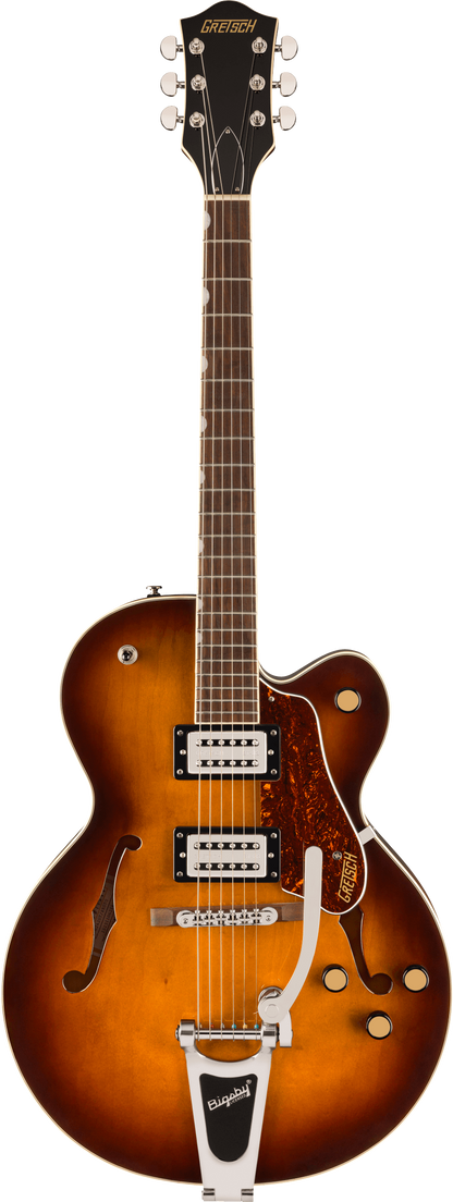 Full frontal of Gretsch G2420T Streamliner Hollowbody wbigsby Robusto Burst.
