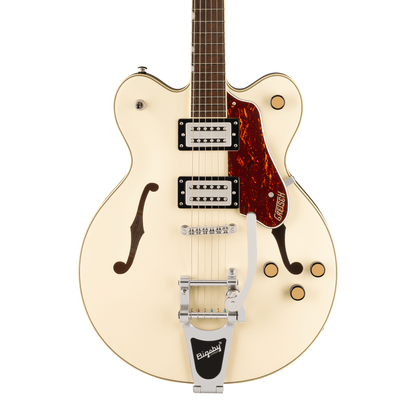 Front of Gretsch G2622T Streamliner Center Block Double Cut wbigsby Vintage White.
