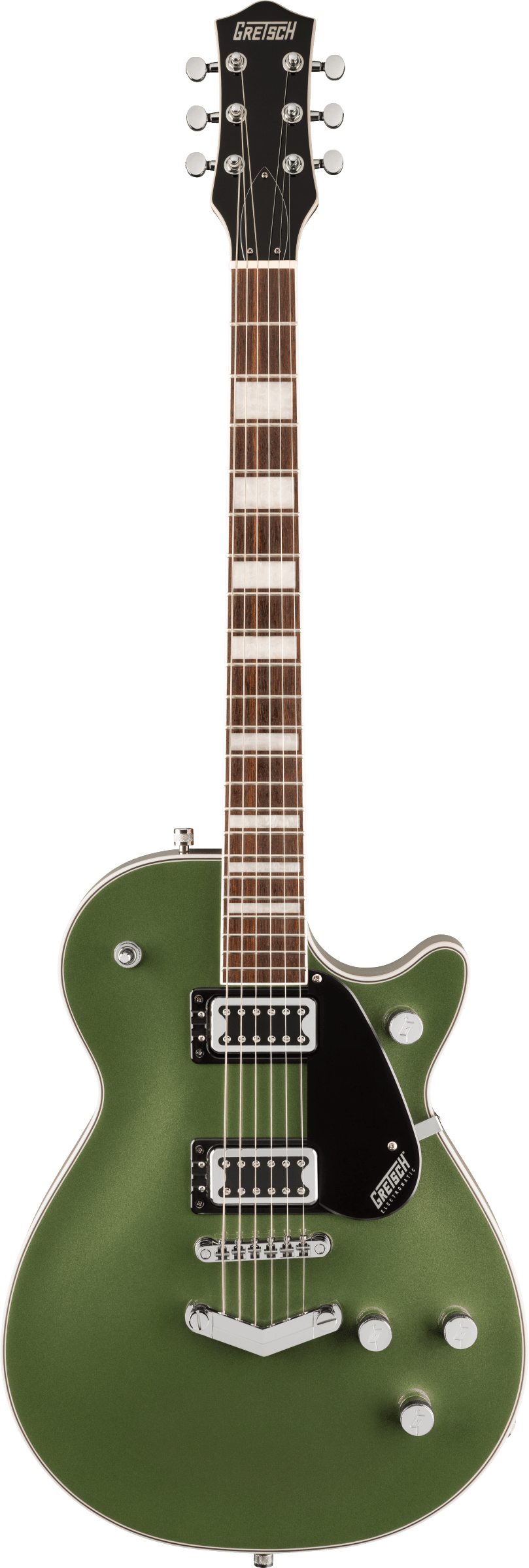 Full frontal of Gretsch G5220 Electromatic Jet BT Single-Cut w/ V-Stoptail Laurel Fingerboard Olive Metallic.