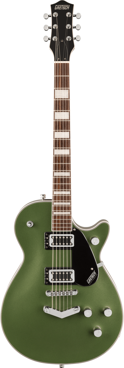 Full frontal of Gretsch G5220 Electromatic Jet BT Single-Cut w/ V-Stoptail Laurel Fingerboard Olive Metallic.