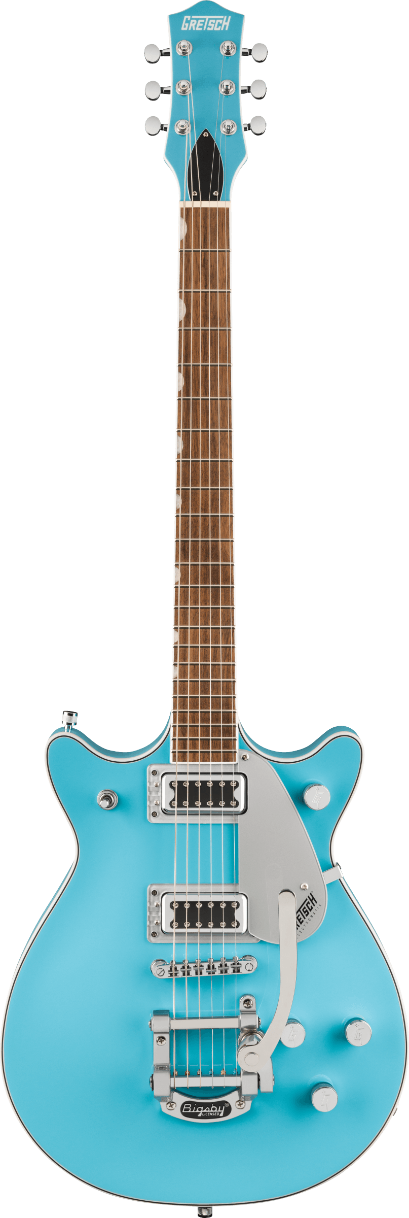 Full frontal of Gretsch G5232T Electromatic Double Jet FT wBigsby Kailani Blue.