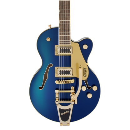 Front of Gretsch G5655TG Electromatic Center Block Jr. Single-Cut with Bigsby and Gold Hardware Azure Metallic.