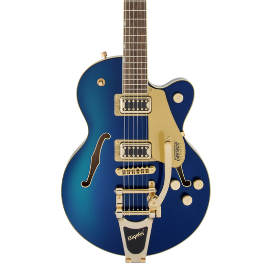 Front of Gretsch G5655TG Electromatic Center Block Jr. Single-Cut with Bigsby and Gold Hardware Azure Metallic.