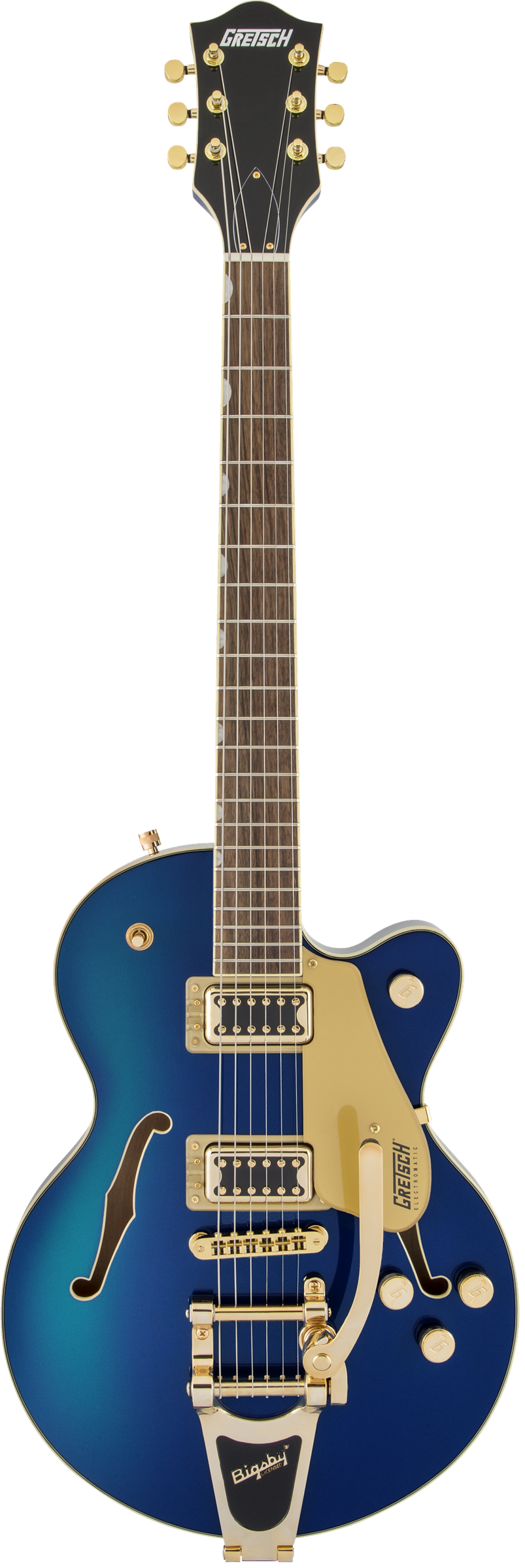 Full frontal of Gretsch G5655TG Electromatic Center Block Jr. Single-Cut with Bigsby and Gold Hardware Azure Metallic.