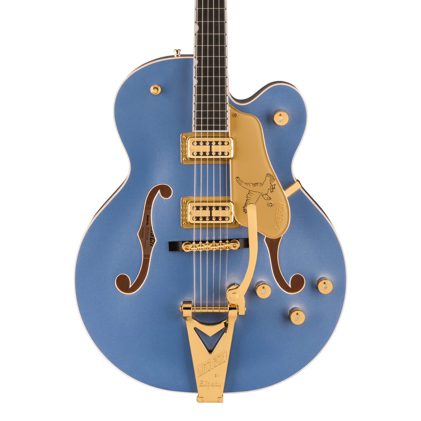 Front of Gretsch Professional Falcon Hollowbody Cerulean Smoke.
