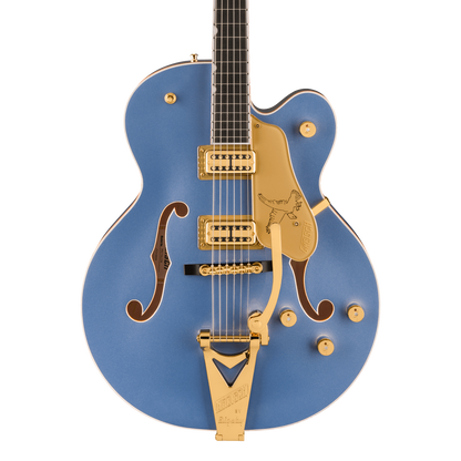 Front of Gretsch Professional Falcon Hollowbody Cerulean Smoke.
