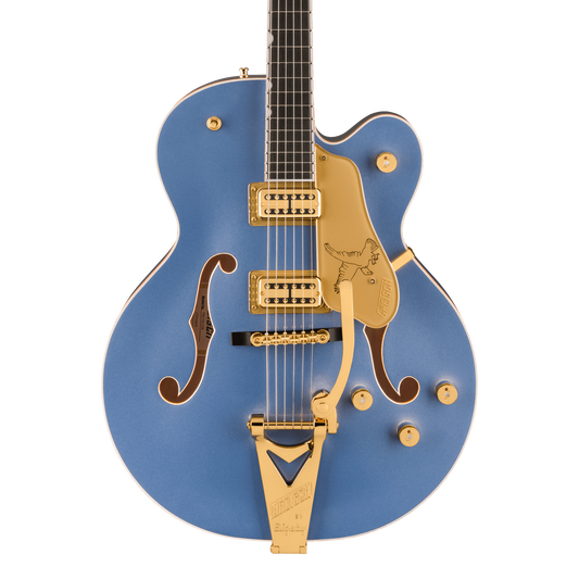 Front of Gretsch Professional Falcon Hollowbody Cerulean Smoke.
