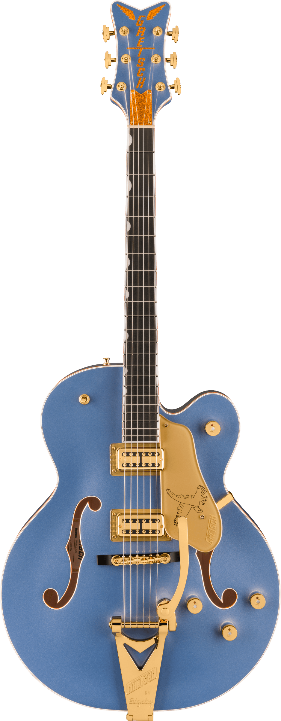 Full frontal of Gretsch Professional Falcon Hollowbody Cerulean Smoke.
