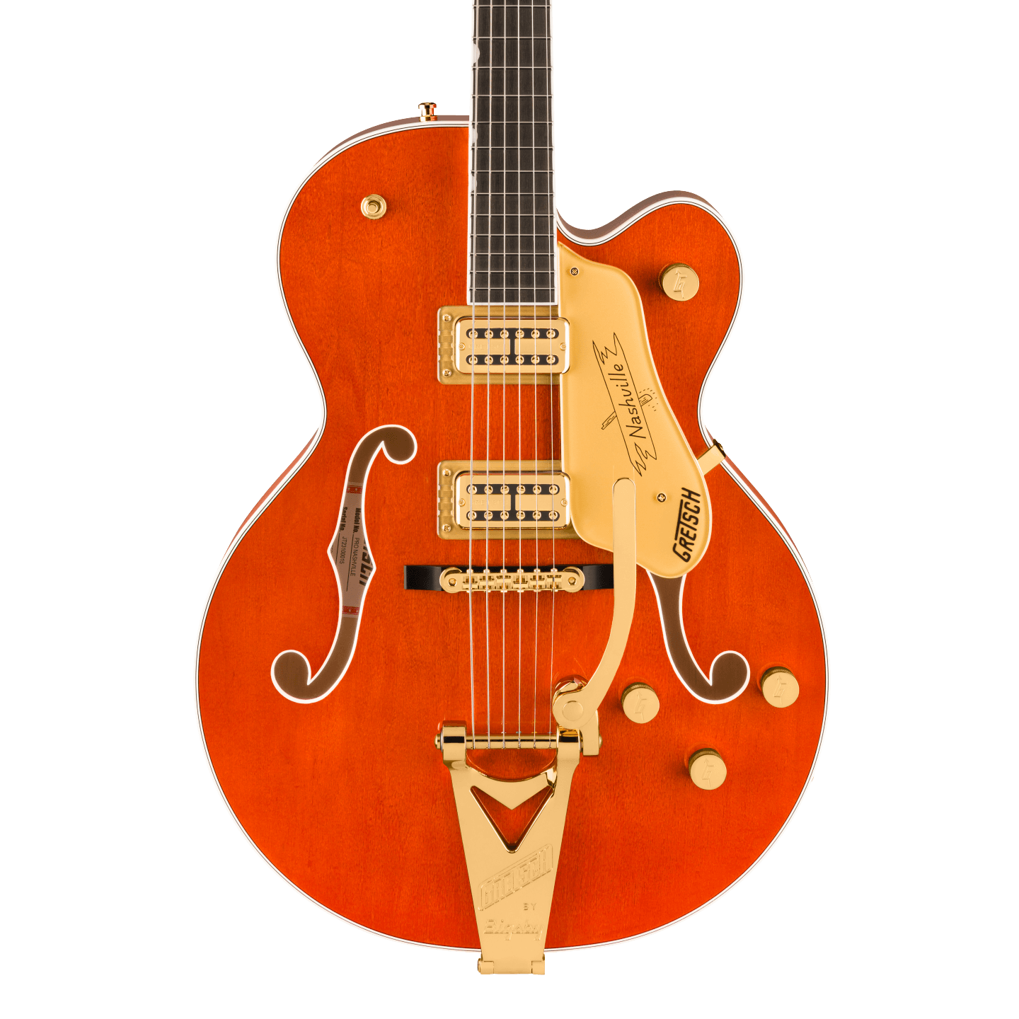 Front of Gretsch Professional Nashville Hollowbody Orange Stain.