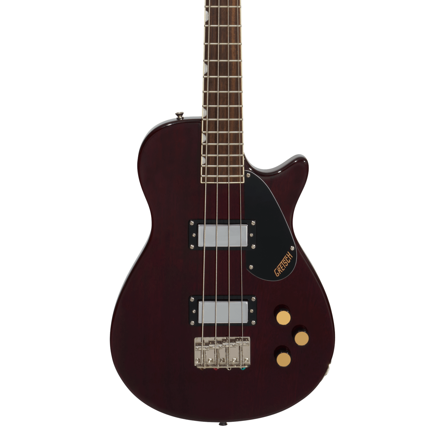 Front of Gretsch Streamliner Jet Club Bass Single-Cut Laurel Fingerboard Walnut Stain.