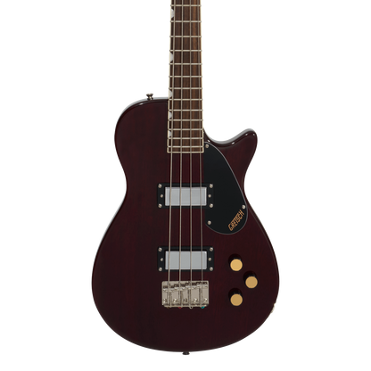 Front of Gretsch Streamliner Jet Club Bass Single-Cut Laurel Fingerboard Walnut Stain.