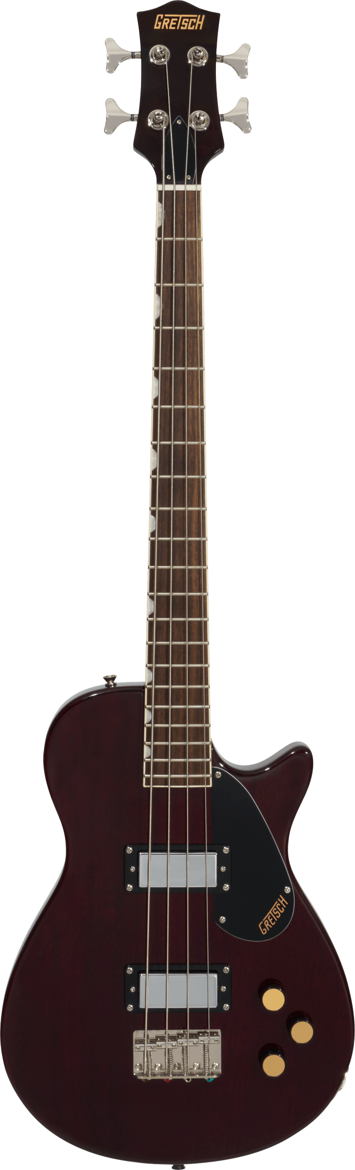 Full frontal of Gretsch Streamliner Jet Club Bass Single-Cut Laurel Fingerboard Walnut Stain.