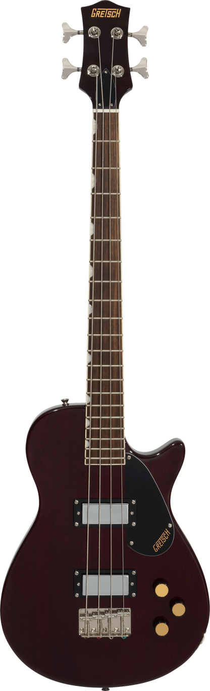 Full frontal of Gretsch Streamliner Jet Club Bass Single-Cut Laurel Fingerboard Walnut Stain.