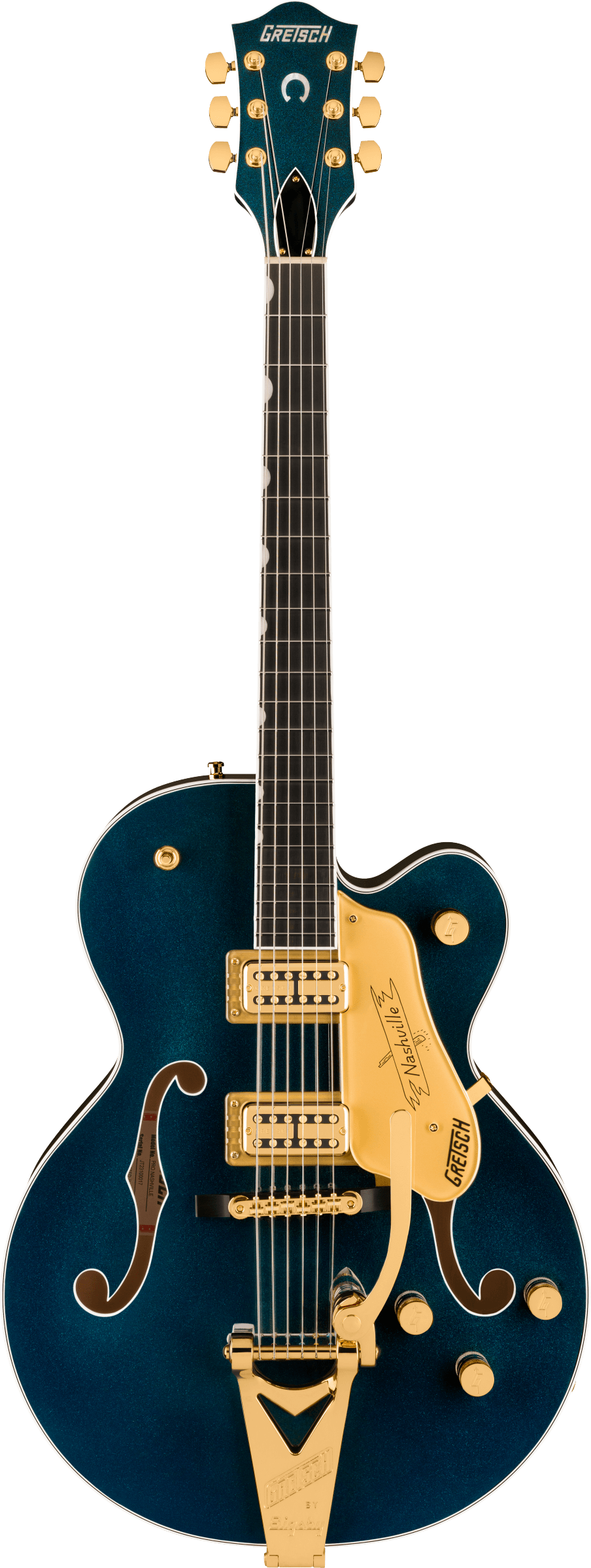 Full frontal of Gretsch Professional Nashville Hollowbody Midnight Sapphire.
