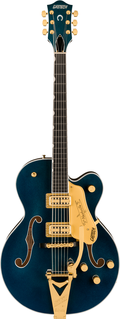 Full frontal of Gretsch Professional Nashville Hollowbody Midnight Sapphire.
