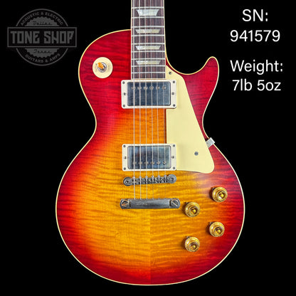 Front of serial number 941579 of Gibson Custom Shop Dealer's Choice 1959 Les Paul Standard Chambered Factory Burst VOS.