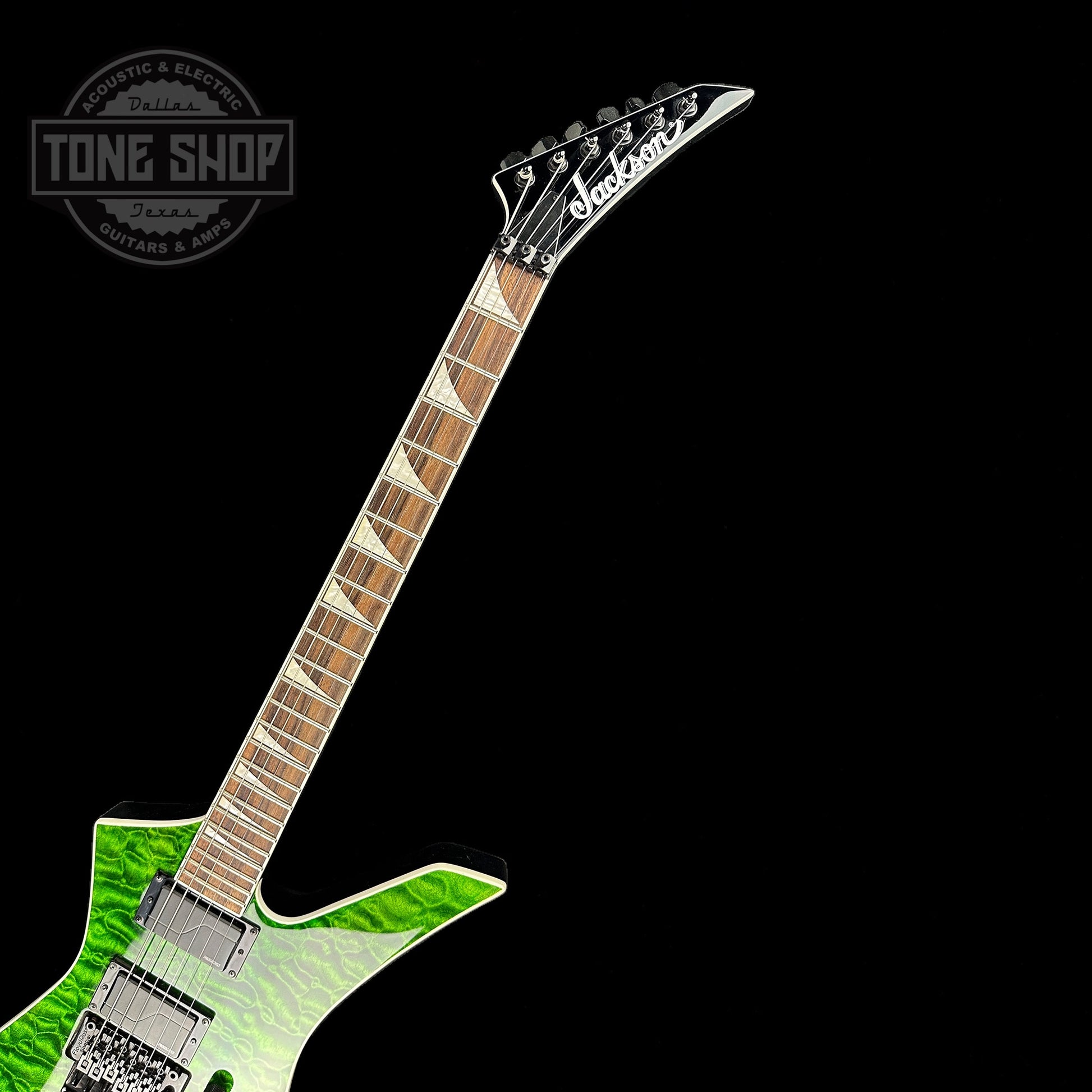 Fretboard of Used Jackson Kelly KEXQ Trans Green.