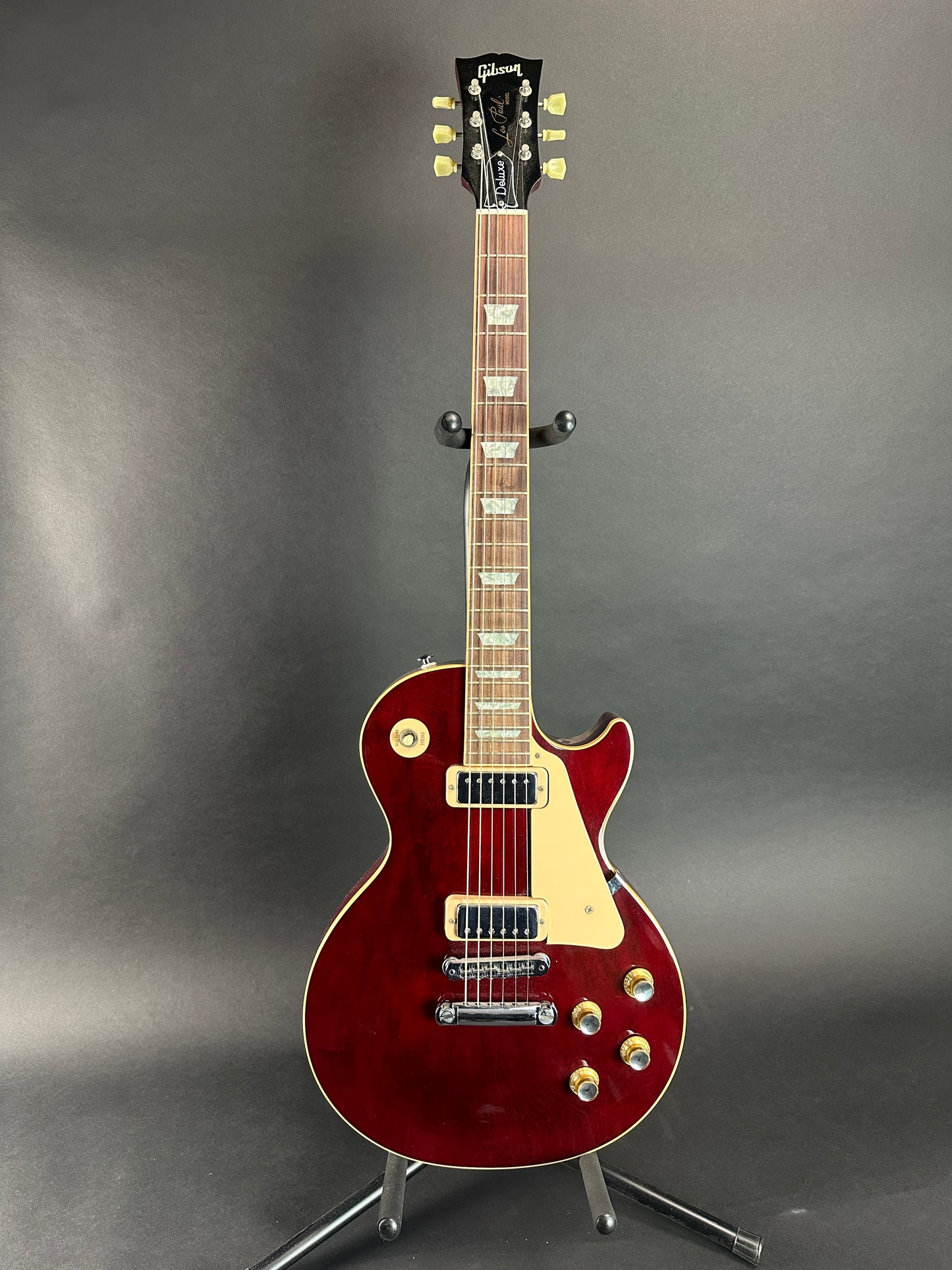 Full front of Used 2004 Gibson Les Paul Deluxe Wine Red.