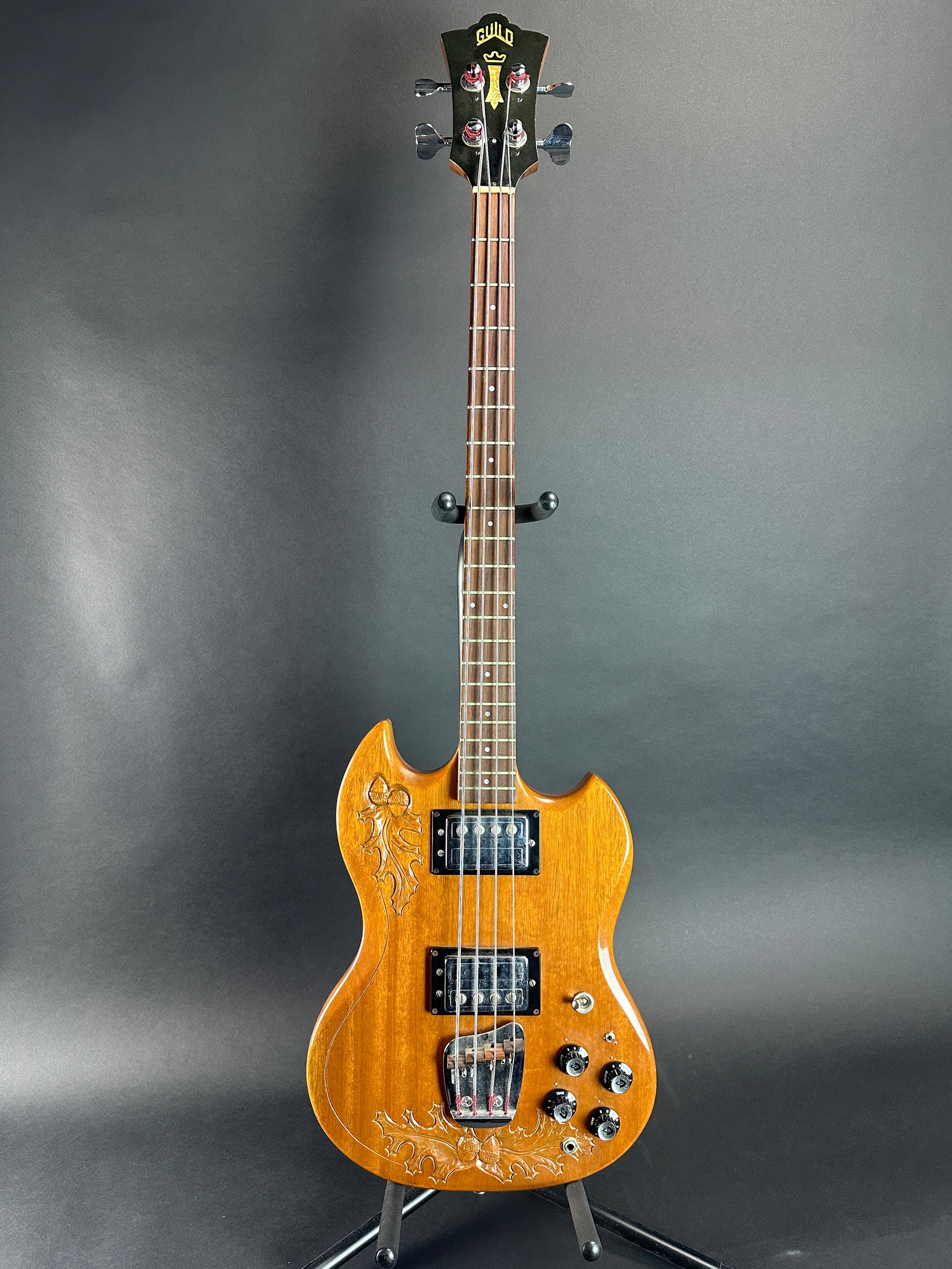 Full front of Vintage 1970s Guild JS-II Carved Bass.