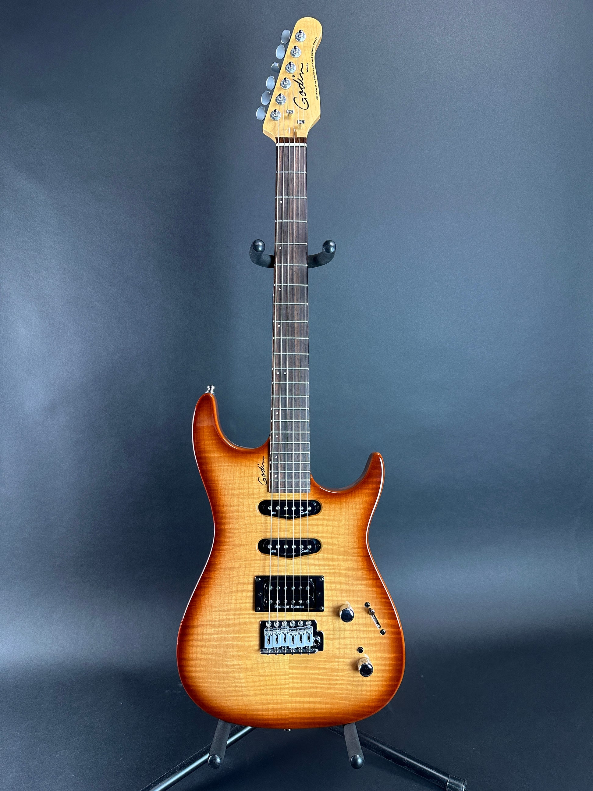 Full front of Used Godin Velocity HDR Natural Burst Flame.