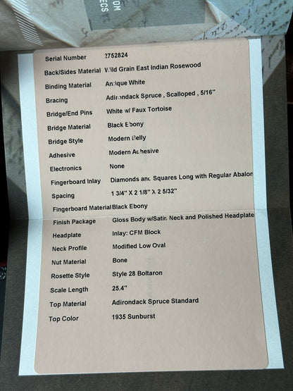 Spec sheet for Martin Custom Shop Shop Dread Adirondack/WEIR 1935 Sunburst.